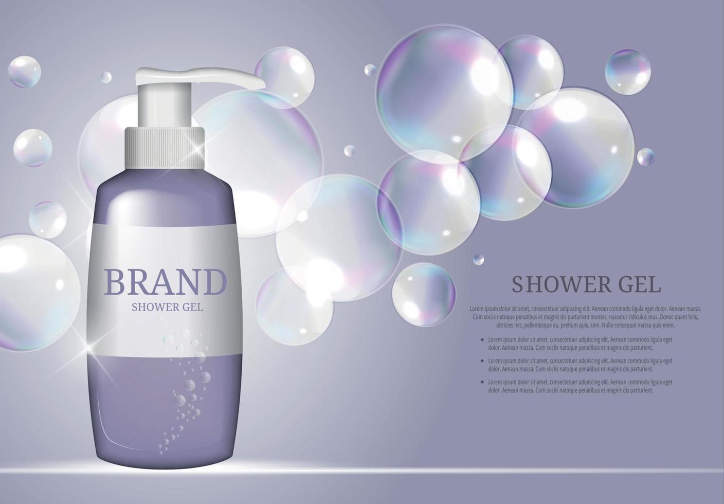 Shower Gel Bottle Template for Ads or Magazine Background. 3D Realistic Vector Iillustration