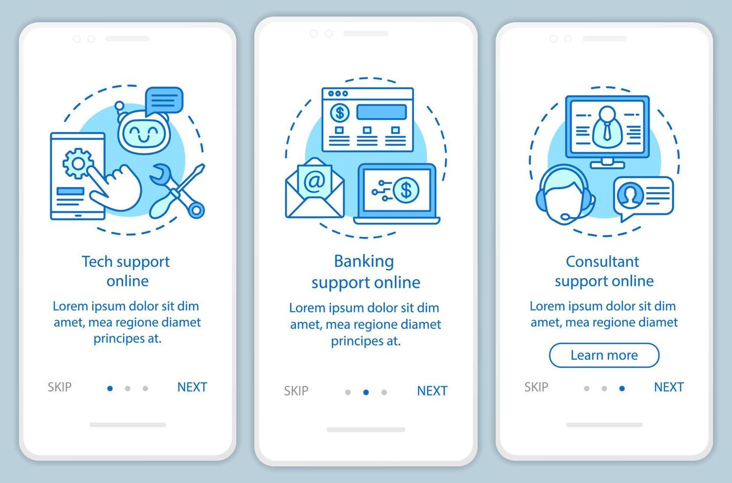 Atención al cliente, incorporación en línea de la pantalla de la página de la aplicación móvil con conceptos lineales. instrucciones gráficas de los pasos del tutorial del servicio de comunicación del cliente. ux, ui, plantilla de vector de interfaz gráfica de usuario con ilustraciones