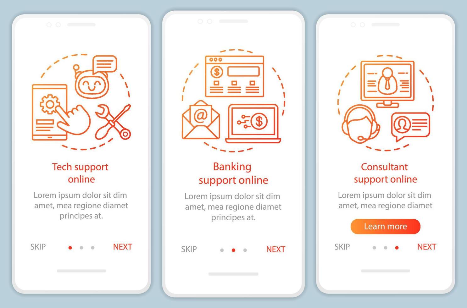 Customer support online onboarding mobile app page screen with linear concepts. Client interactive services walkthrough steps graphic instructions. UX, UI, GUI vector template with illustrations