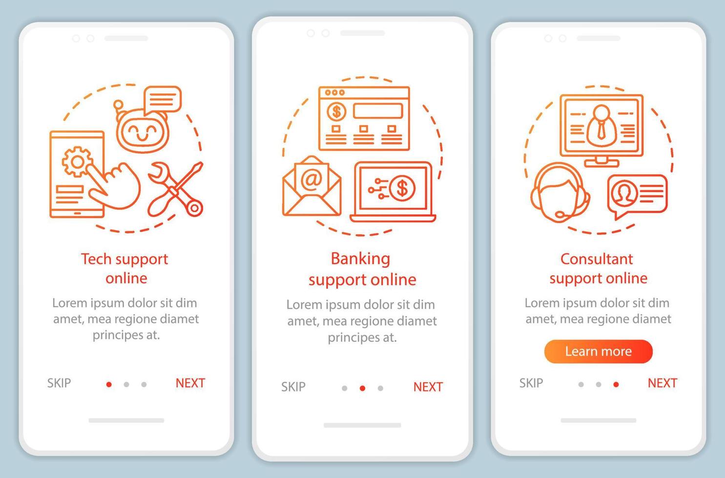 Atención al cliente, incorporación en línea de la pantalla de la página de la aplicación móvil con conceptos lineales. instrucciones gráficas de los pasos del tutorial de los servicios interactivos del cliente. ux, ui, plantilla de vector de interfaz gráfica de usuario con ilustraciones