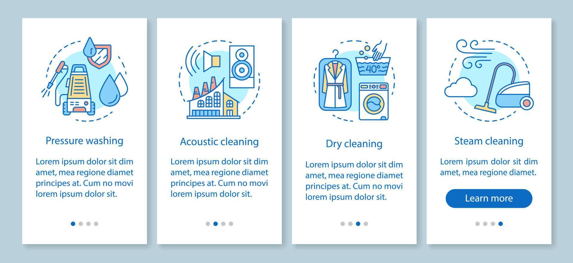 Cleaning methods onboarding mobile app page screen, linear concepts. Pressure washing. Dry, steam cleanup. Four walkthrough steps graphic instructions. UX, UI, GUI vector template with illustrations