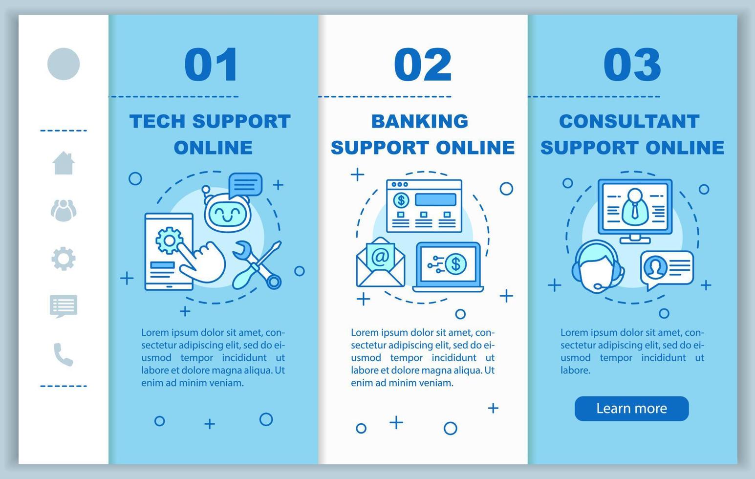 Online services onboarding mobile web pages vector template. Customer support. Responsive smartphone website interface idea with linear illustrations. Webpage walkthrough step screens. Color concept