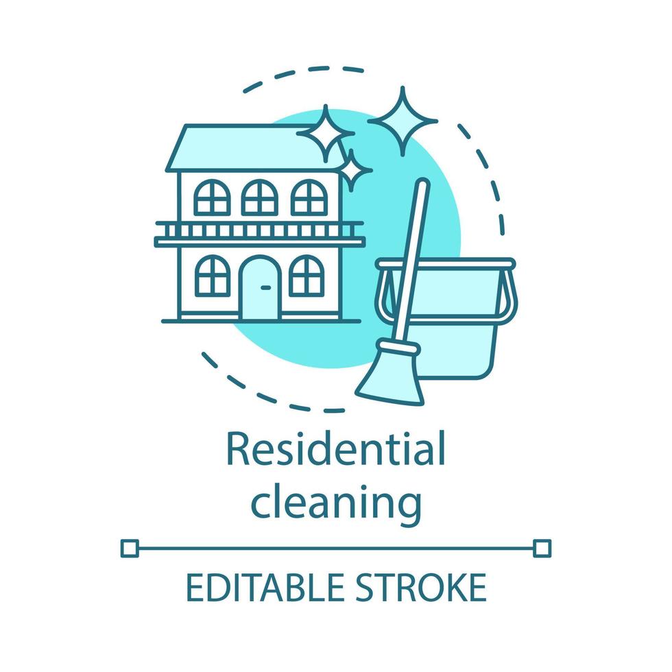 Residential cleaning concept icon. Cleaning services idea thin line illustration. House cleanup. Maid service. Mopping, wiping. Housekeeping. Vector isolated outline drawing. Editable stroke