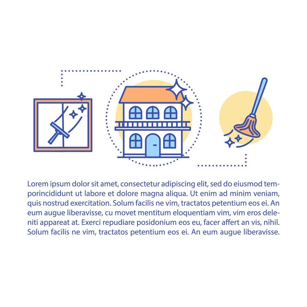 Plantilla de vector de página de artículo de limpieza residencial. limpieza de ventanas. folleto, revista, elemento de diseño de folleto con iconos lineales y cuadros de texto. diseño de impresión. ilustraciones de concepto con espacio de texto