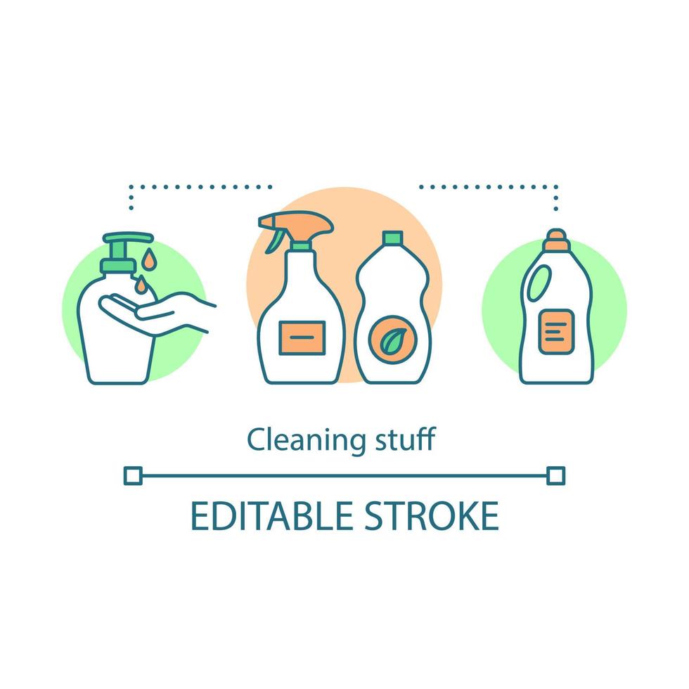 Cleaning stuff concept icon. Cleanup agency idea thin line illustration. Housekeeper, cleaner, janitor. Maid service. Household cleaning chemicals. Vector isolated outline drawing. Editable stroke