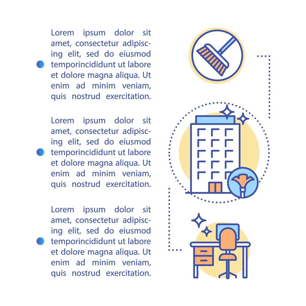 Cleaning agency article page vector template. Commercial cleanup. Brochure, magazine, booklet design element with linear icons and text boxes. Print design. Concept illustrations with text space