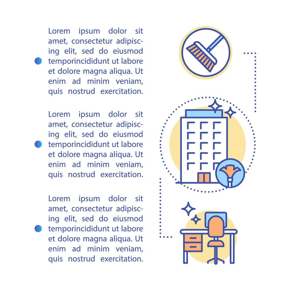 Plantilla de vector de página de artículo de agencia de limpieza. limpieza comercial. folleto, revista, elemento de diseño de folleto con iconos lineales y cuadros de texto. diseño de impresión. ilustraciones de concepto con espacio de texto