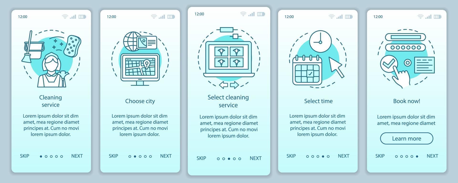 Cleaning service booking onboarding mobile app page screen, linear concepts. Online form filling. Cleanup company. Five walkthrough steps graphic instruction. UX, UI, GUI vector template, illustration