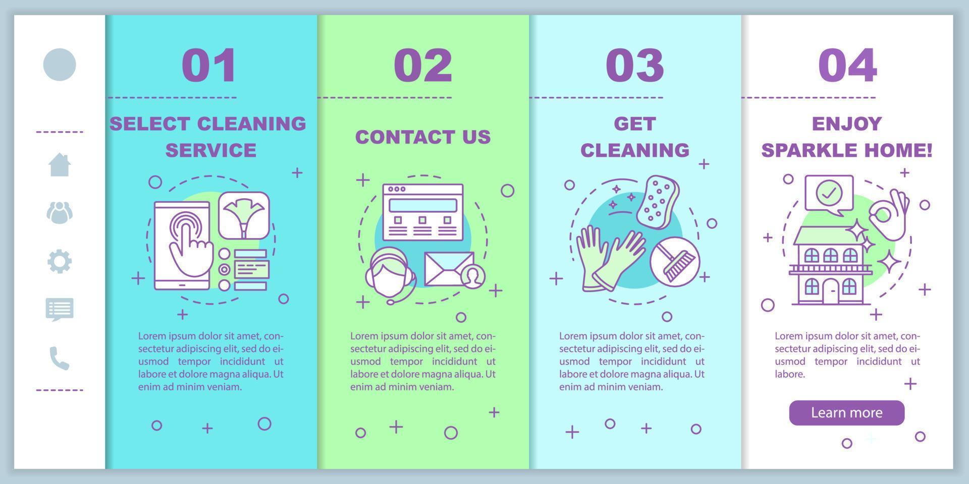 Cleaning service booking onboarding mobile web pages vector template. Cleanup planning. Responsive smartphone web interface idea, linear illustrations. Webpage walkthrough step screens. Color concept