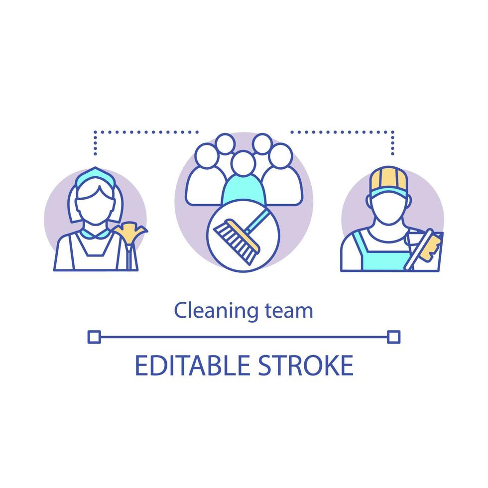 Cleaning team concept icon. Cleanup agency staff idea thin line illustration. Group cleaning. Housekeeper, cleaner, janitor. Maid service. Vector isolated outline drawing. Editable stroke