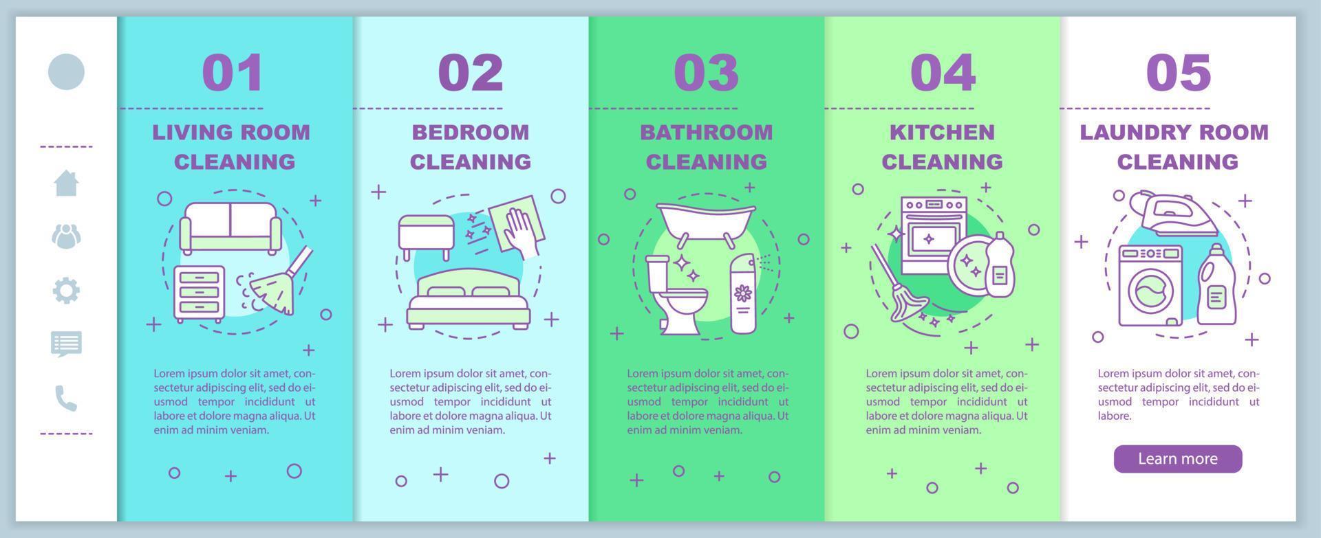 Home cleaning onboarding mobile web pages vector template. Living room cleanup. Responsive smartphone website interface idea, linear illustrations. Webpage walkthrough step screens. Color concept