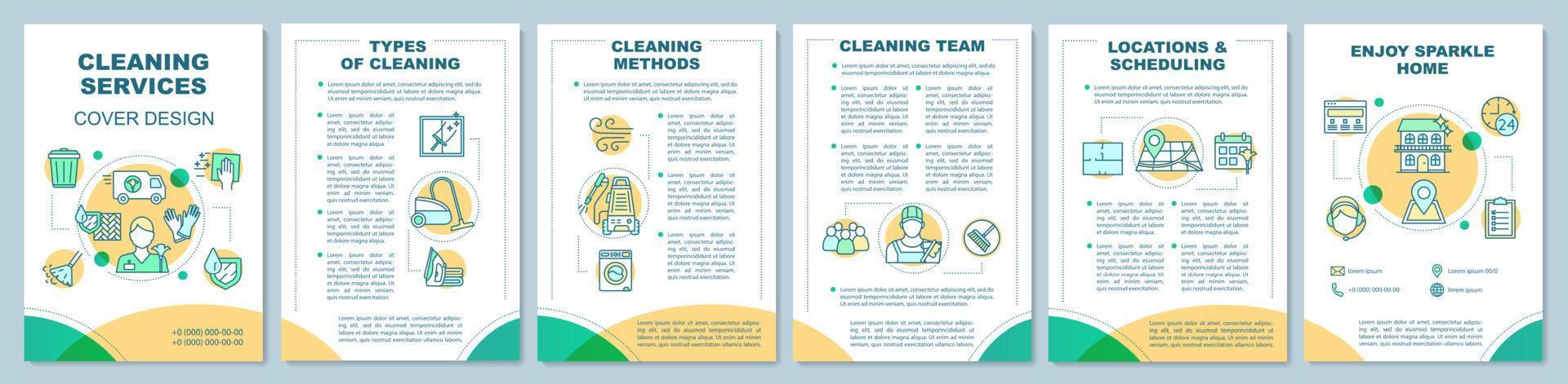 Cleaning services brochure template layout. Dry, steam cleanup methods. Booklet, leaflet print design, linear illustrations. Vector page layouts for magazines, annual reports, advertising posters