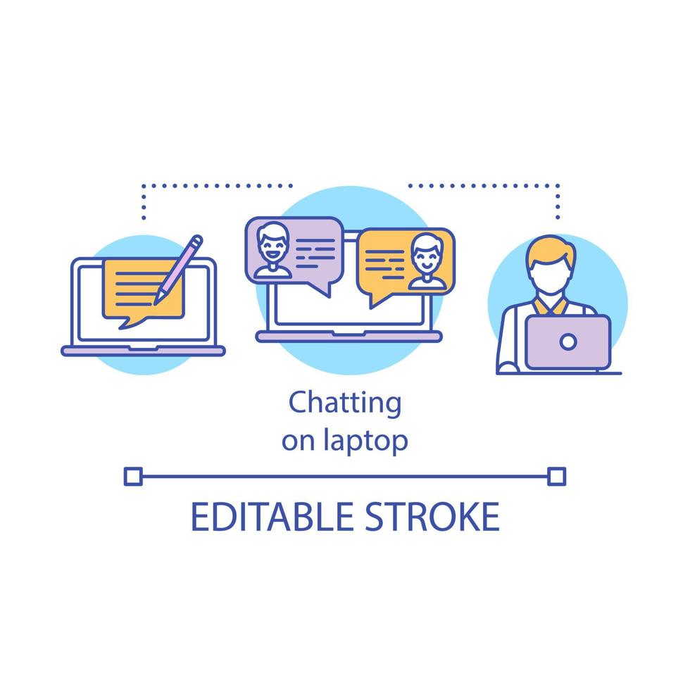 Chatting on laptop concept icon. Online message reply. Virtual conversation. Communication via computer. Work chat idea thin line illustration. Vector isolated outline drawing. Editable stroke