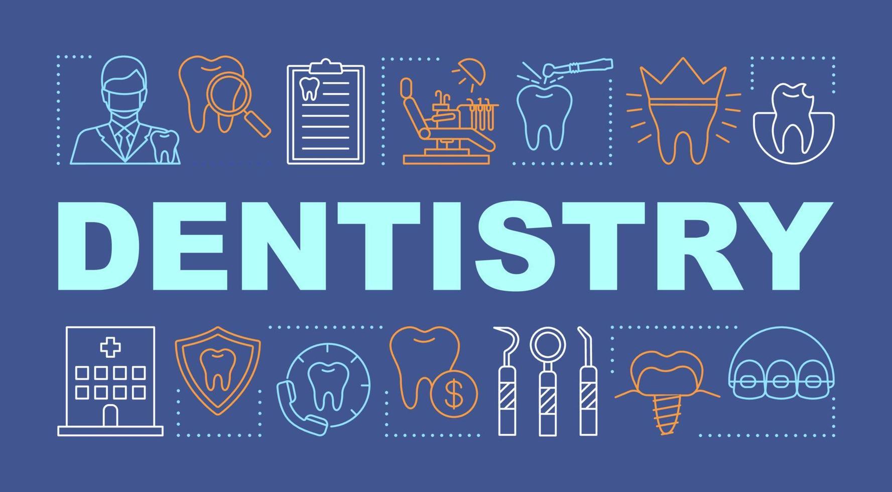 Dentistry word concepts banner. Dentist, dental care, check up, caries prevention, braces. Presentation, website. Isolated lettering typography idea with linear icons. Vector outline illustration