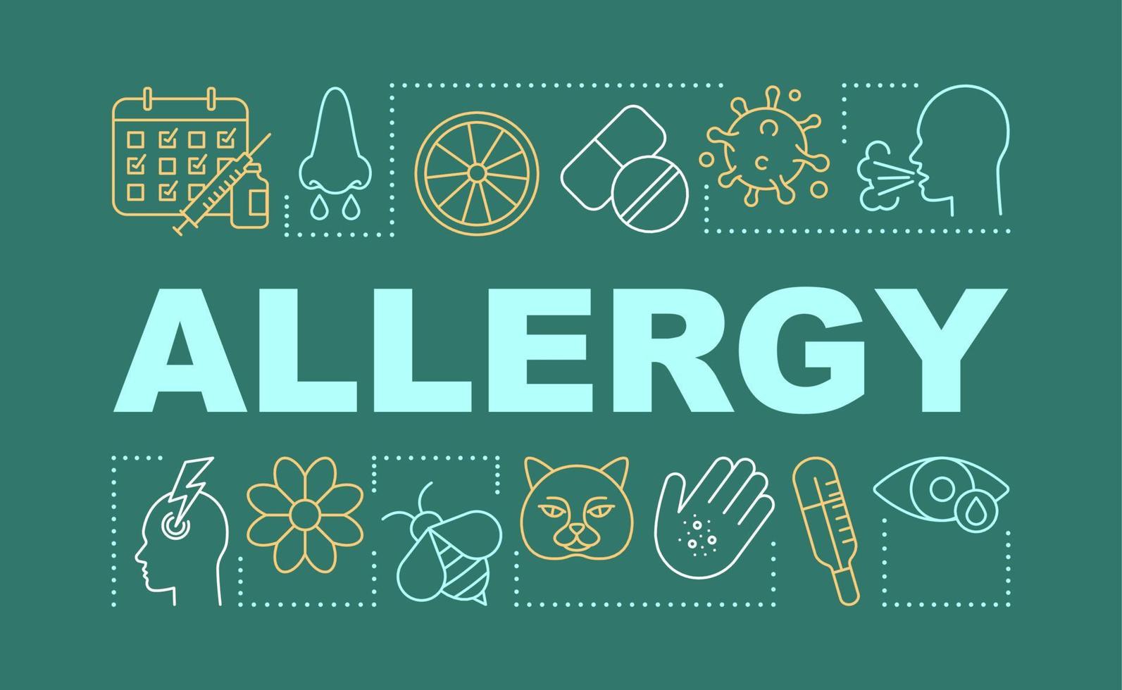 Allergy word concepts banner. Allergens, sneezing, cough, fever, rhinitis, itch. Presentation, website. Isolated lettering typography idea with linear icons. Vector outline illustration