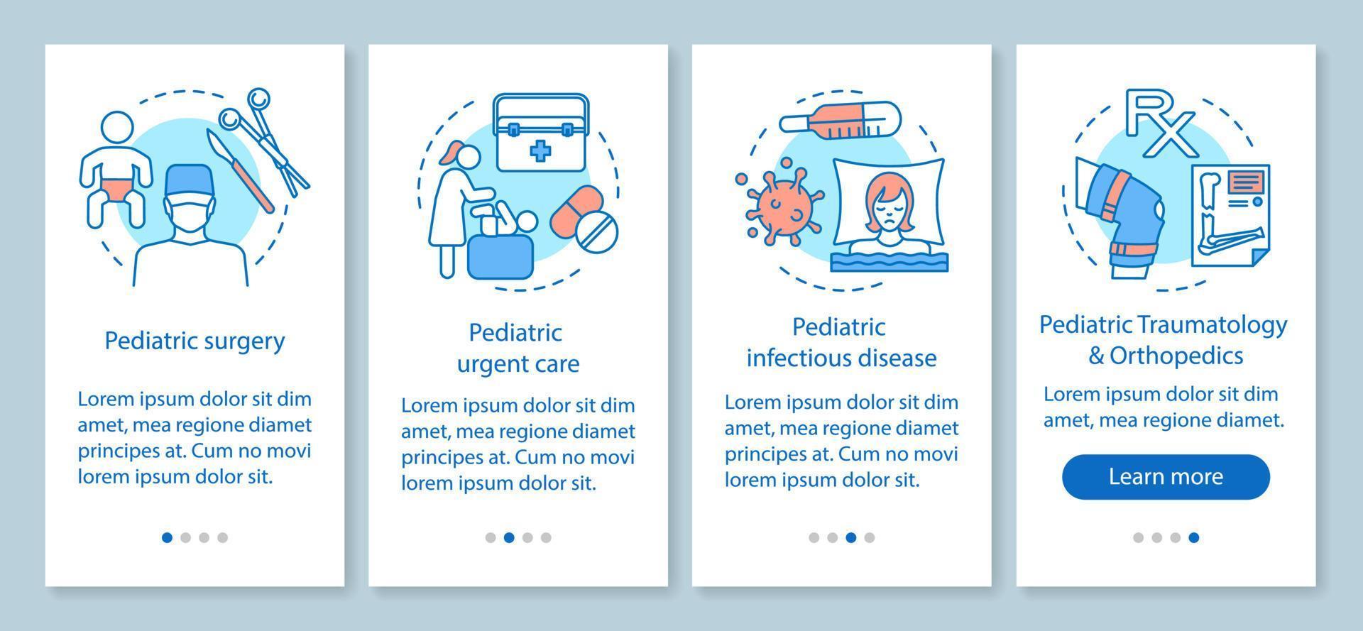 Pediatrics services onboarding mobile app page screen with linear concepts. Urgent care, infectious disease, traumatology walkthrough steps graphic instructions. UX, UI, GUI vector template with icons
