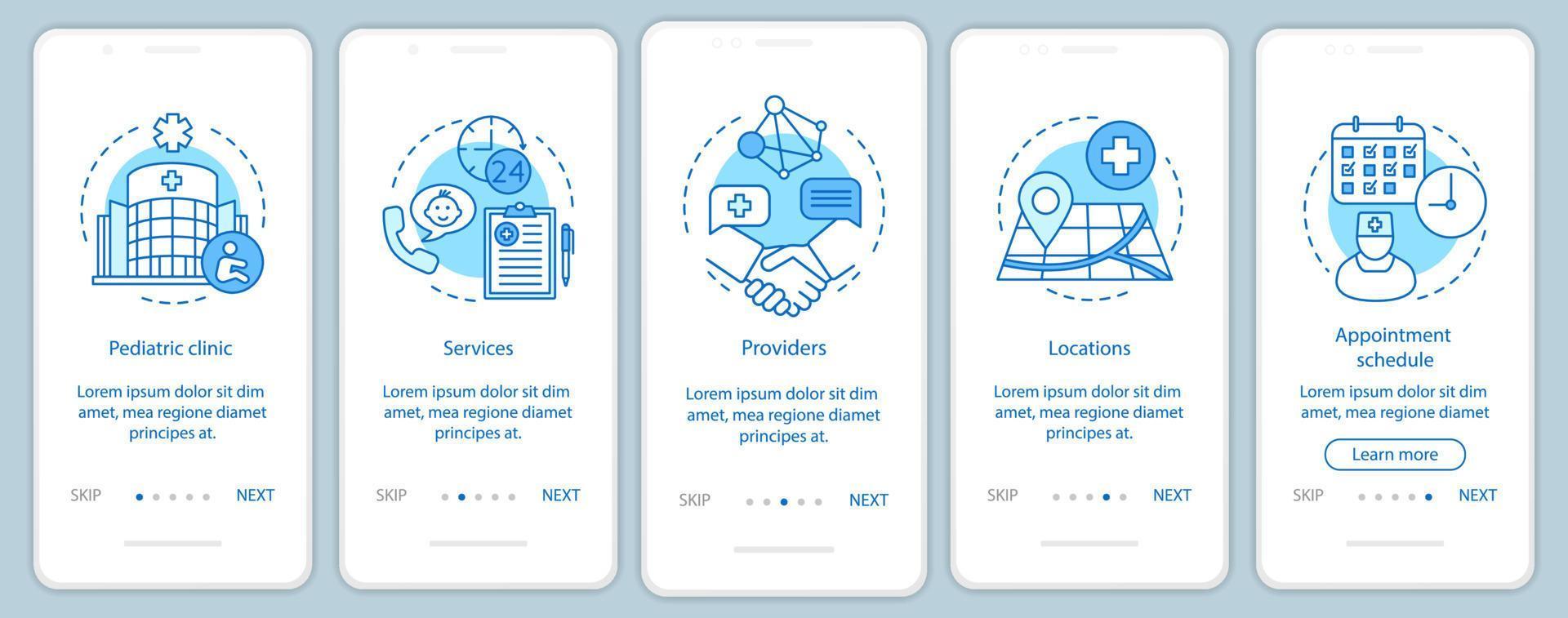 Pediatric clinic onboarding mobile app page screen with linear concepts. Services, appointment schedule, providers, walkthrough steps graphic instructions. UX, UI, GUI vector template with icons