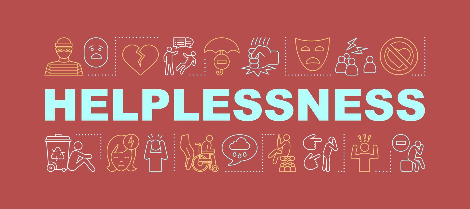 Helplessness word concepts banner. Sadness feeling. Disability, health problem. Presentation, website. Isolated lettering typography idea, linear icons. Unsolvable trouble. Vector outline illustration