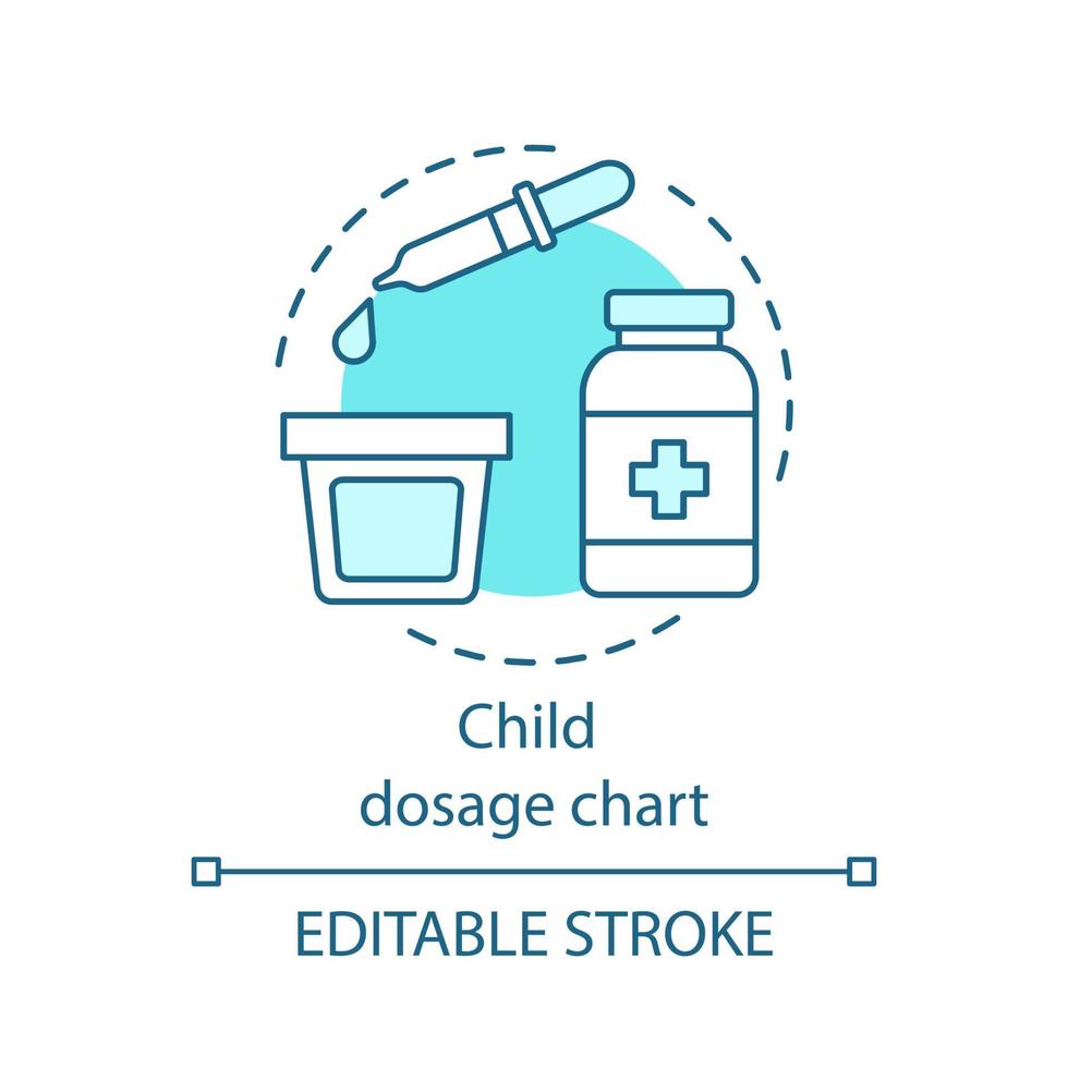 Child dosage chart concept icon. Dosing drugs for children. Dropper, dosage cup. Doctor prescription. Child treatment idea thin line illustration. Vector isolated outline drawing. Editable stroke