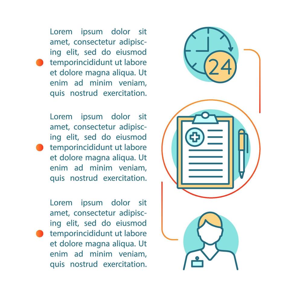 After hours pediatrics article page vector template. 24-hour support, nurse line. Brochure, magazine, booklet design element with linear icons and text box. Print design. Concept icon with text space