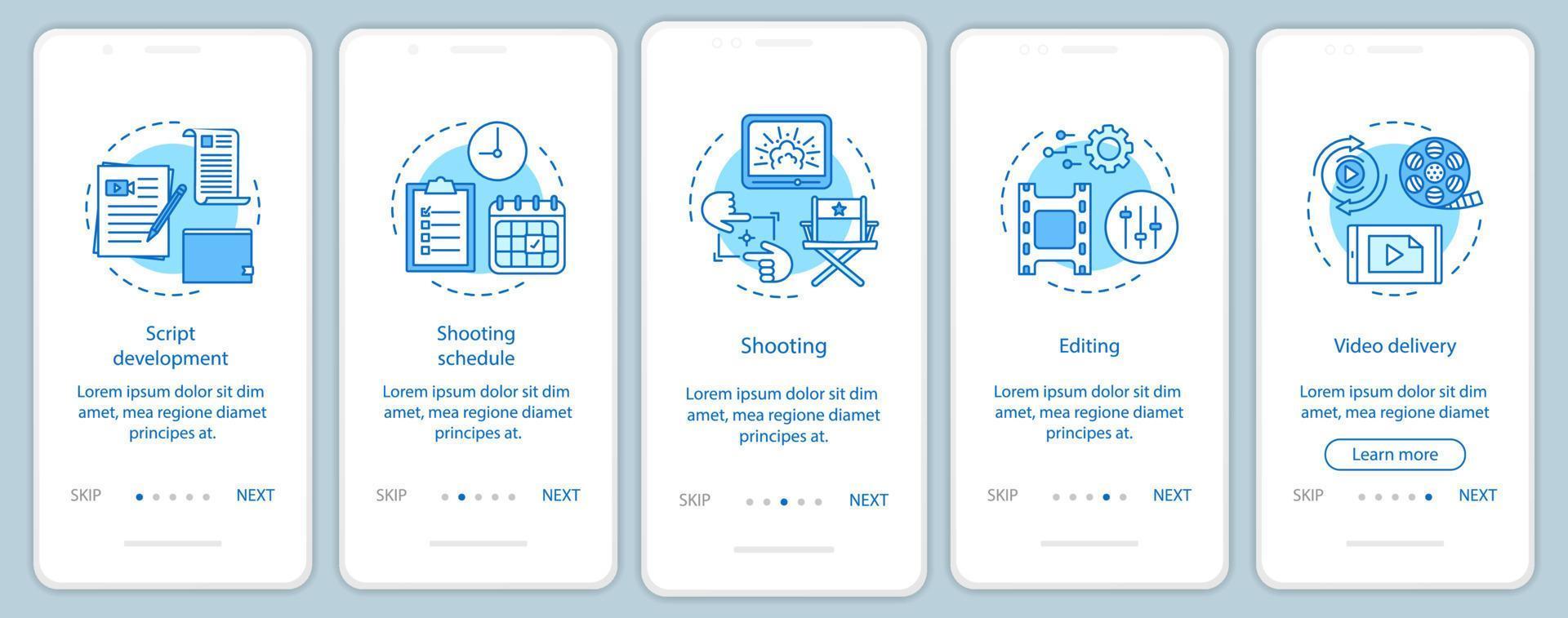 Video production onboarding mobile app page screen vector template. Film making process. Movie industry. Walkthrough website steps with linear illustrations. UX, UI, GUI smartphone interface concept