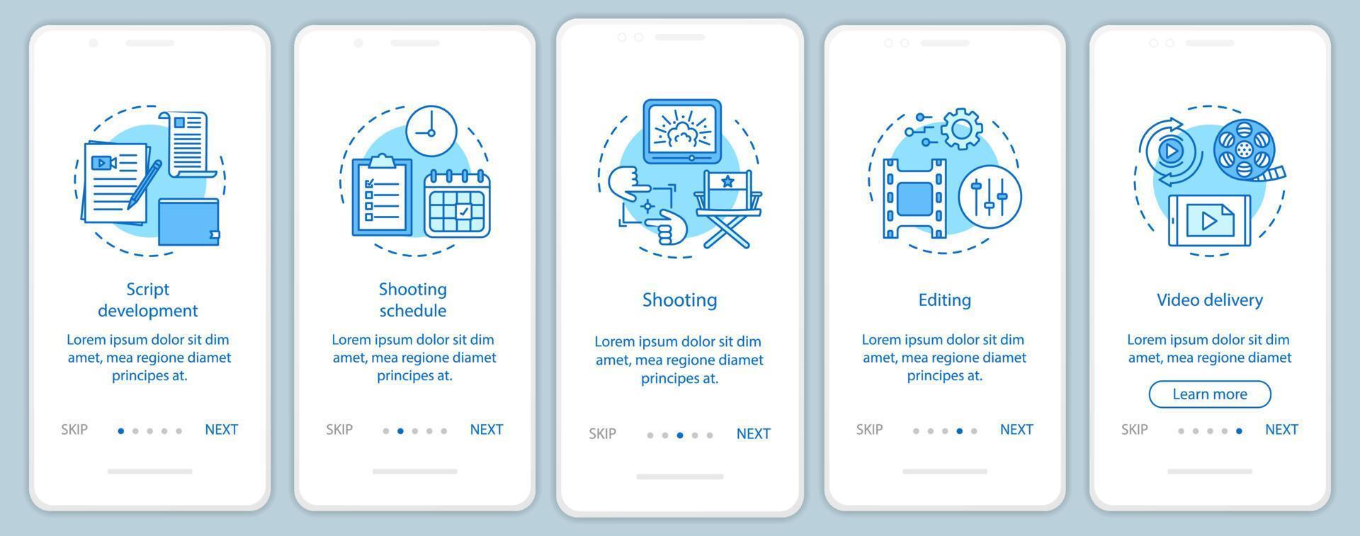 plantilla de vector de pantalla de página de aplicación móvil de incorporación de producción de video. proceso de realización de películas. industria del cine. paso a paso del sitio web con ilustraciones lineales. concepto de interfaz de teléfono inteligente ux, ui, gui