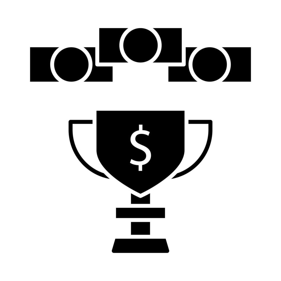 Prize money glyph icon. Esports tournament. Gamer winning cup with cash. Winner pot of game. Champion trophy. Silhouette symbol. Negative space. Vector isolated illustration