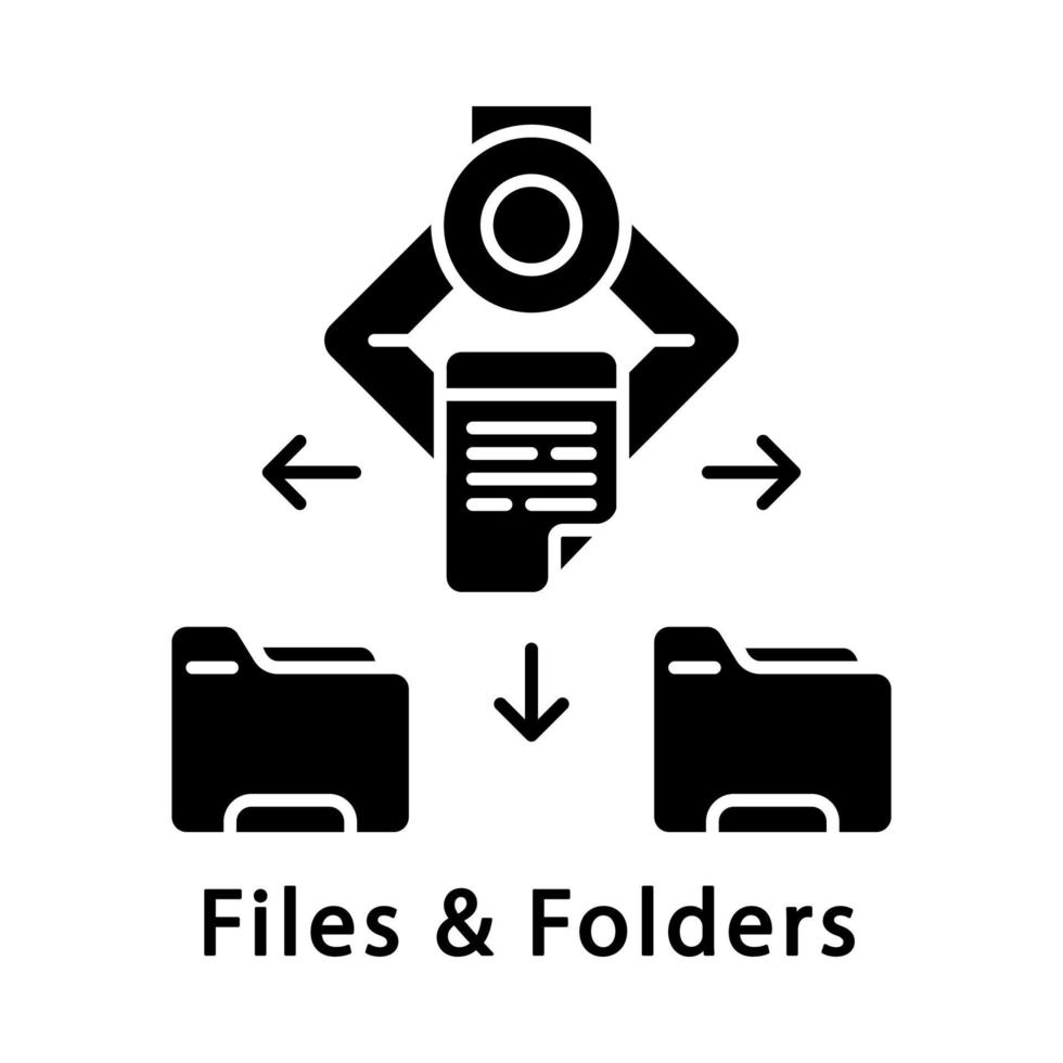 Files and folders glyph icon. Robot moving files into folders. Automatic file sorting. RPA. Automate clerical tasks, workflows. Silhouette symbol. Negative space. Vector isolated illustration