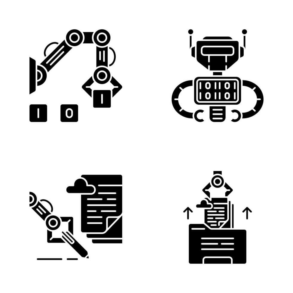 Conjunto de iconos de glifo de rpa. Automatización robótica de procesos. Automatización de procesos administrativos. robot que crea bases de datos y maneja datos. símbolos de silueta. vector ilustración aislada