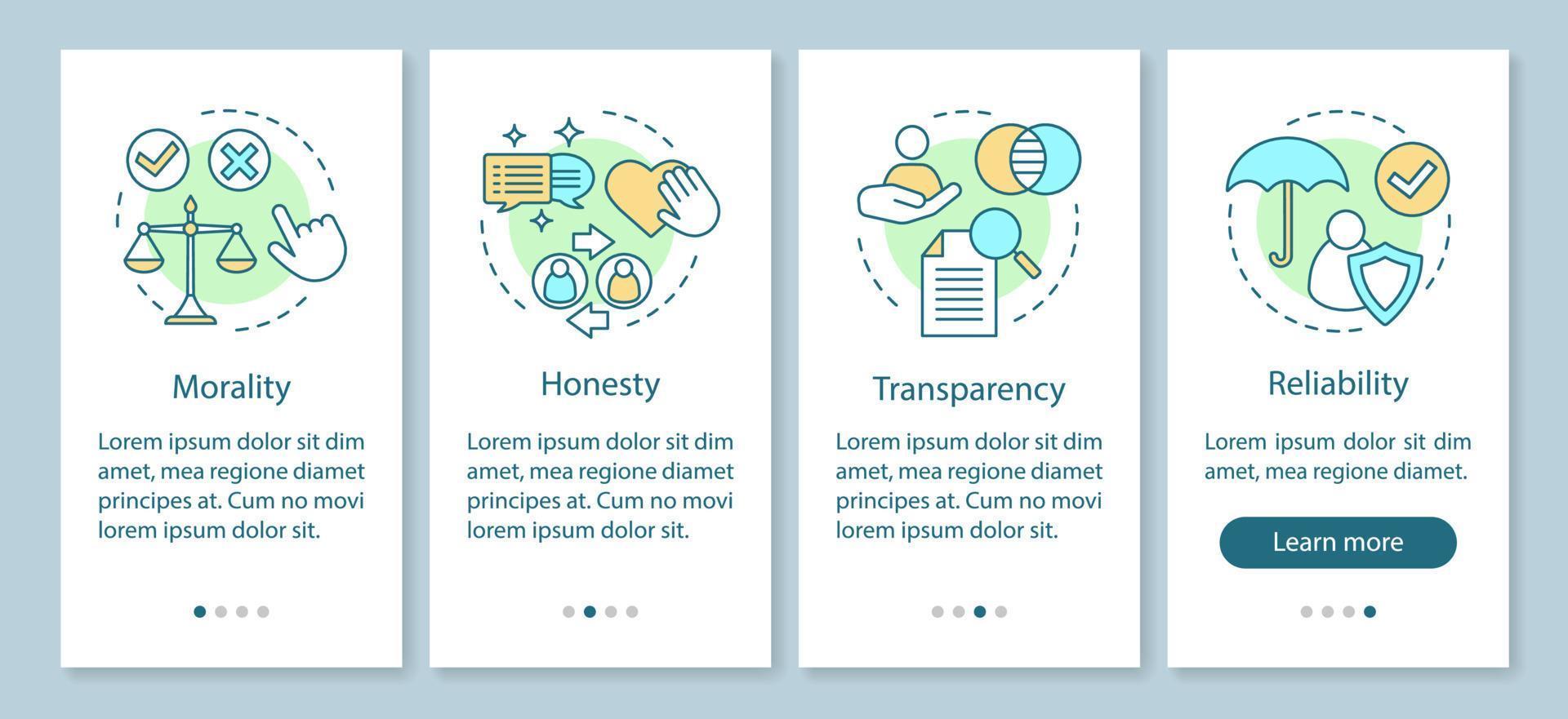 Ethical principles onboarding mobile app page screen vector template. Morality, transparency, reliability. Walkthrough website steps with linear illustrations. UX, UI, GUI smartphone interface concept