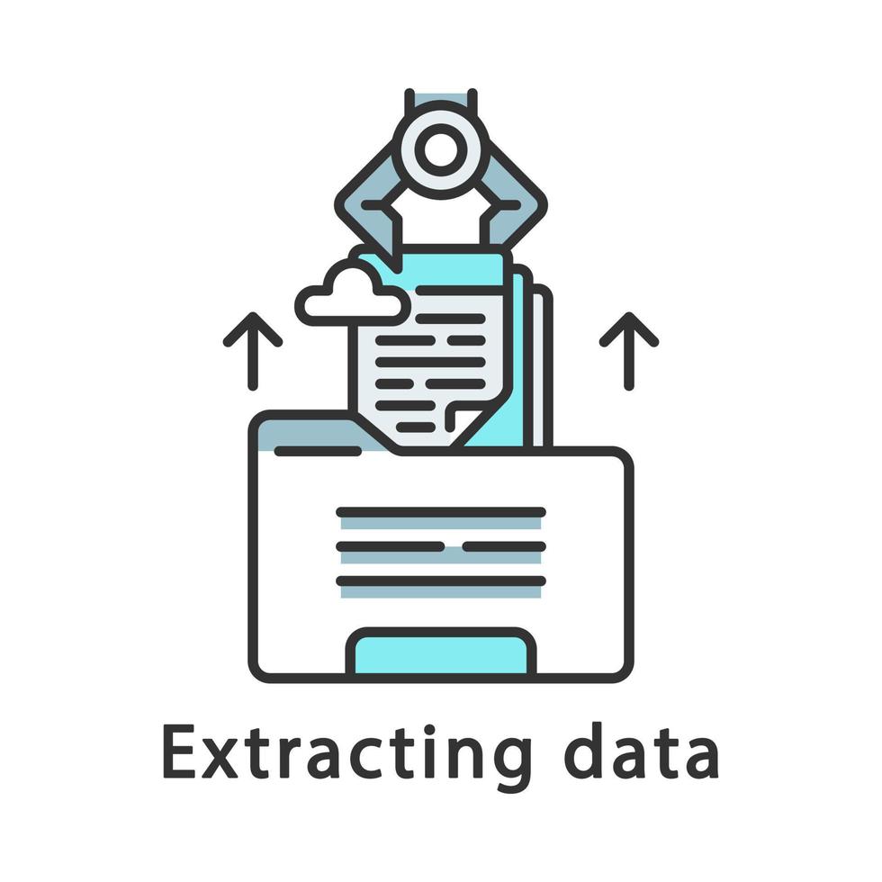 Extracting data color icon. Robot retrieving electronic file from folder. RPA. Using cloud service. Robotic process automation. Isolated vector illustration