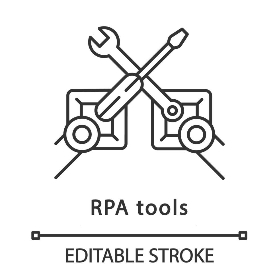 RPA tools linear icon. Robotic process automation. Robot mechanic. Automate workflows. AI worker. Thin line illustration. Contour symbol. Vector isolated outline drawing. Editable stroke