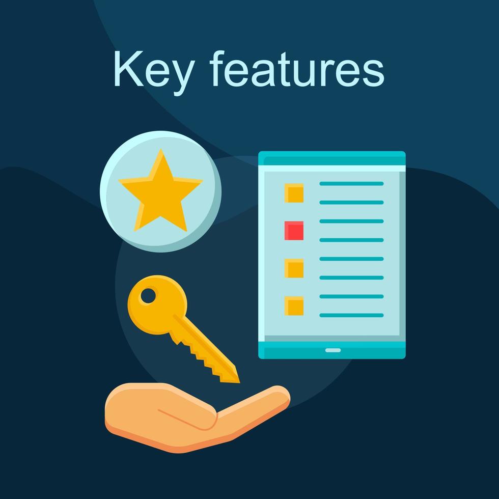 Key features flat concept vector icon. Select option idea cartoon color illustrations set. Add