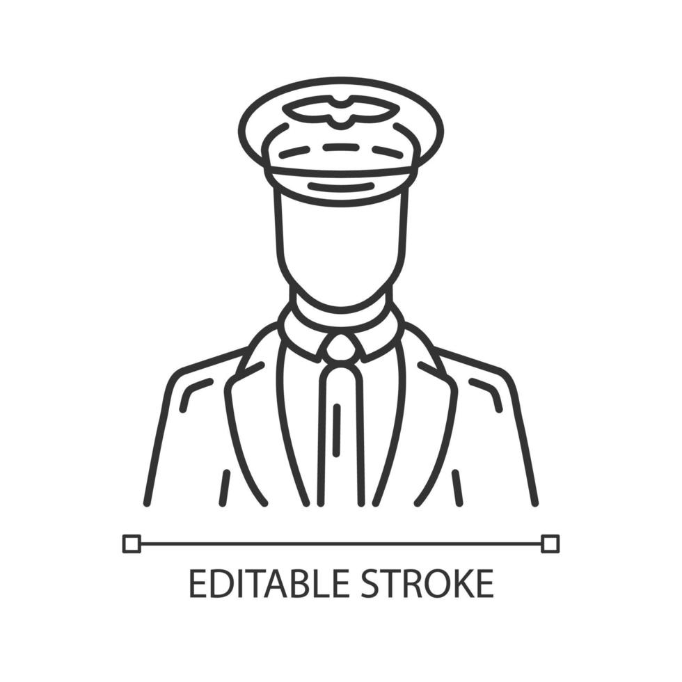 Pilot linear icon. Aircraft control. Airplane team. Plane worker. Jet uniform. Aircrew. Aviation service staff. Thin line illustration. Contour symbol. Vector isolated outline drawing. Editable stroke