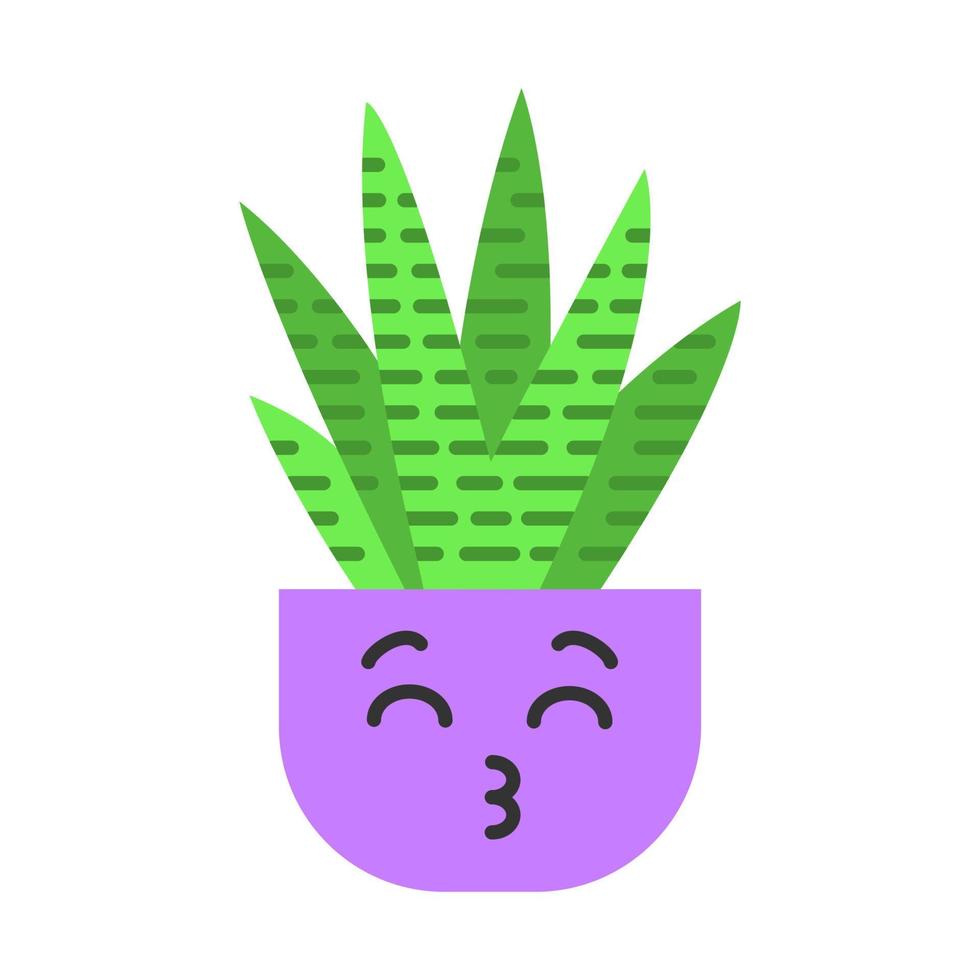 Icono de color de sombra larga de diseño plano de cactus cebra. cactus con cara de besos. feliz haworthia. cactus caseros en maceta. pequeña planta suculenta con ojos sonrientes. planta de casa. ilustración de silueta de vector