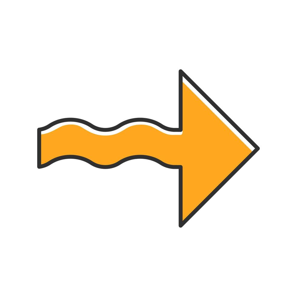 Wavy orange arrow color icon. Direction pointer sign. Indicating arrowhead. Spiral line. Pointing cursor. Marker, indicator. Motion, next. Movement sign. Isolated vector illustration