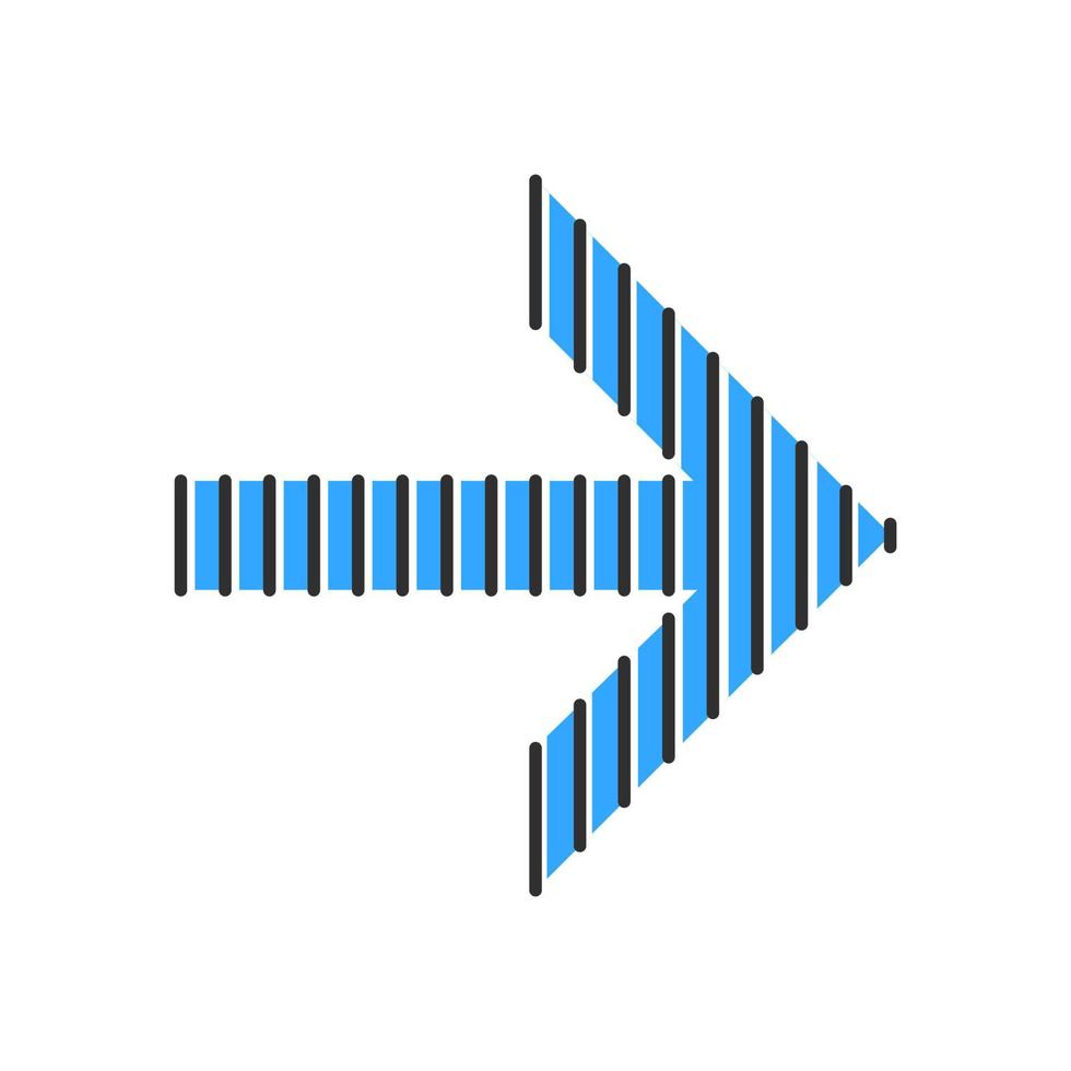 Striped blue arrow color icon. Arrowhead indicating rightward. Direction pointer. Navigation pointer, indicator sign. Cursor symbol. Orientation arrow. Isolated vector illustration