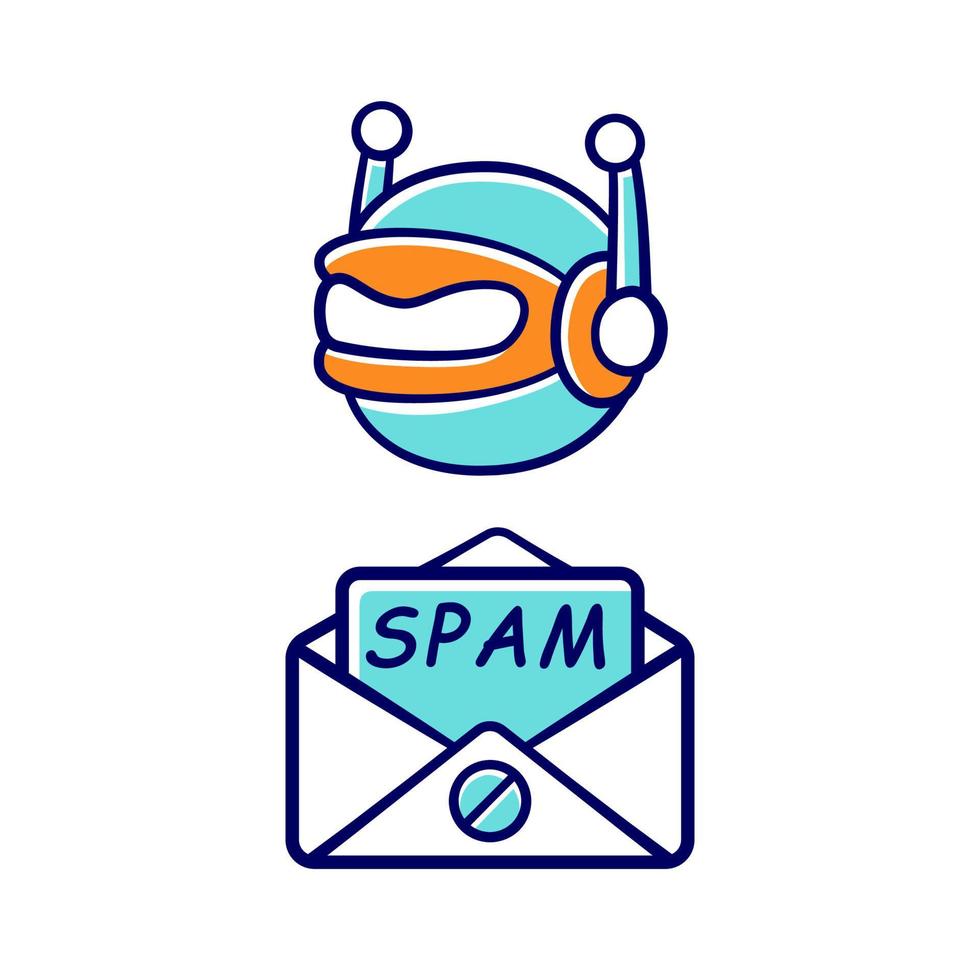 Spambot color icon. Virus advertisements, links. Spam bot. Malicious phishing sites. E-mail adresse collecting. Spam advertising software sending. Internet spammer. Isolated vector illustration