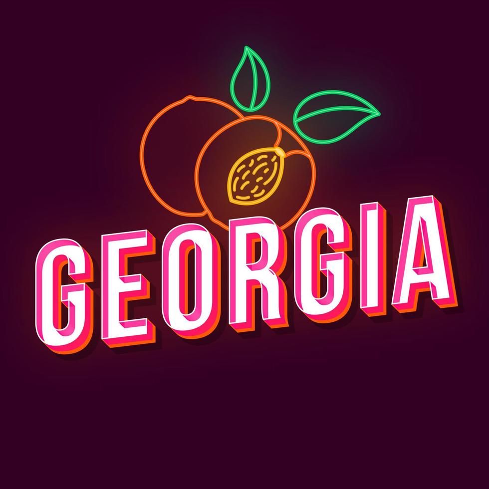 Georgia vintage 3d vector lettering. Retro bold font, typeface. Pop art stylized text. Old school style neon light letters. 90s, 80s poster, banner design. Red wine color background with peaches