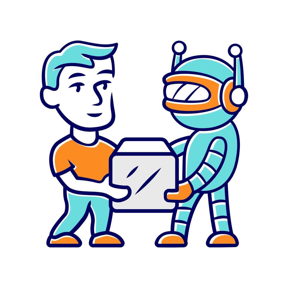 Transactional bot color icon. Artificial intelligence. Virtual assistance. Partner bot. Man and robot holding box. Modern robotic delivery service. Database updating. Isolated vector illustration