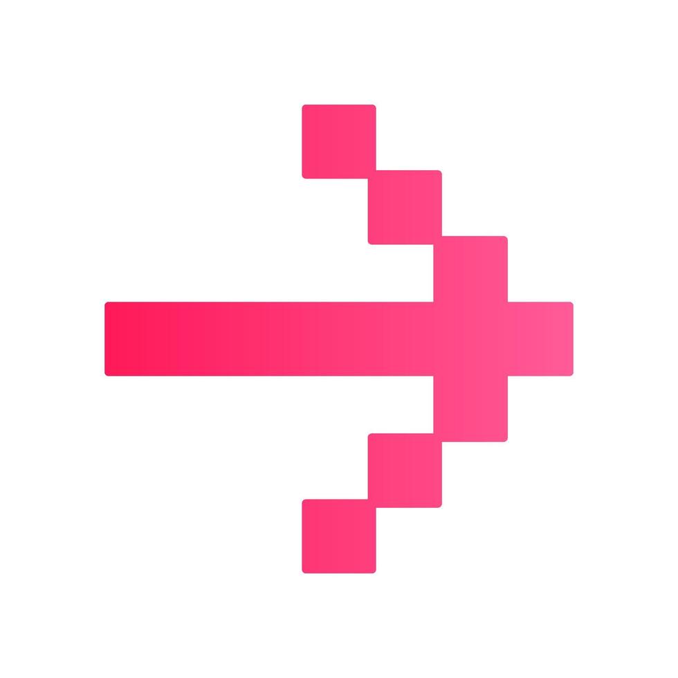 Pixel pink arrow flat design long shadow color icon. Forward indicator, right marker. Indicating sign. Pixel gaming arrow. Mosaic navigation symbol. Direction move. Vector silhouette illustration