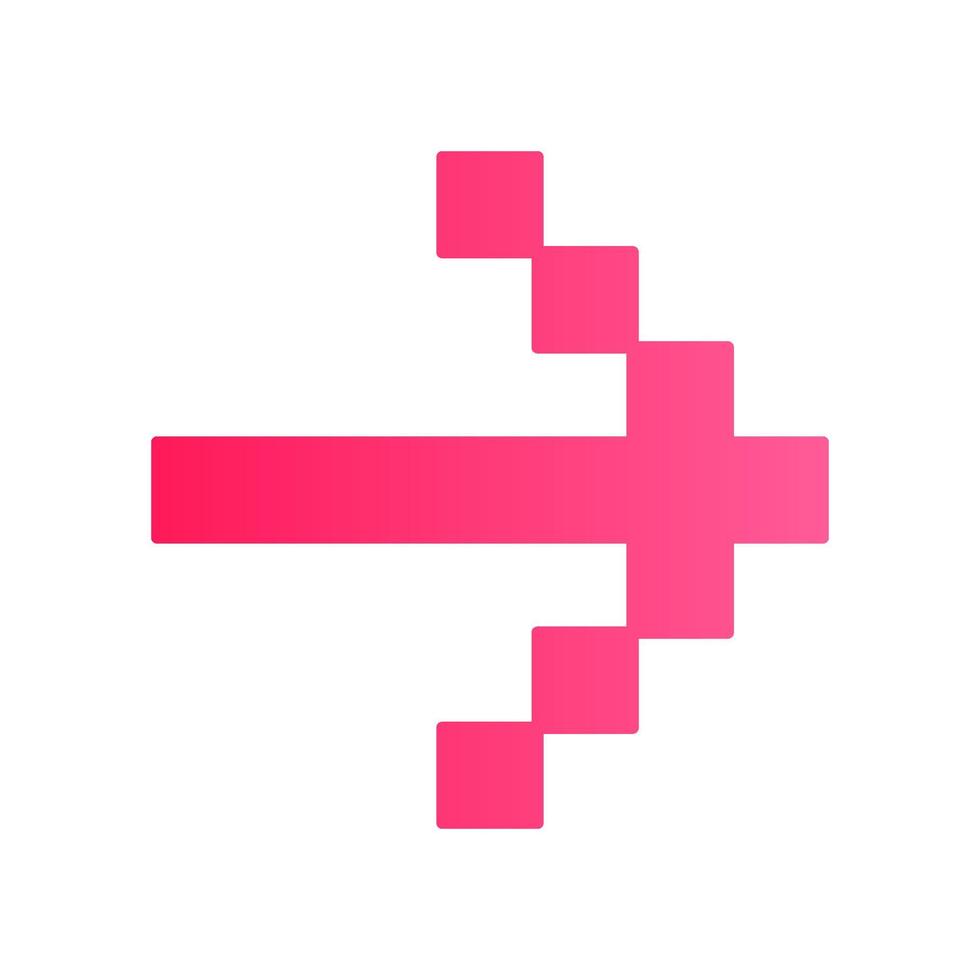 Pixel pink arrow flat design long shadow color icon. Forward indicator, right marker. Indicating sign. Pixel gaming arrow. Mosaic navigation symbol. Direction move. Vector silhouette illustration