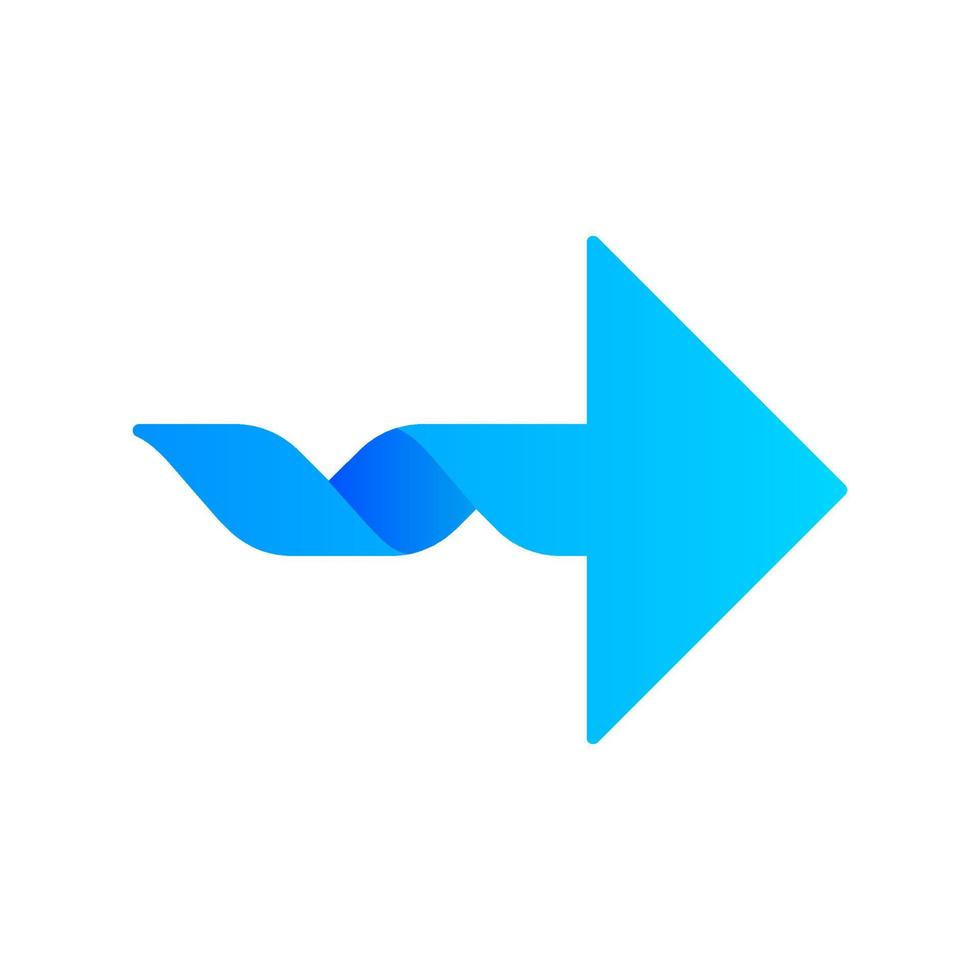 Twisted blue arrow flat design long shadow color icon. Navigation pointer. Direction move. Spiral line. Pointing cursor. Arrowhead indicating rightward. Motion, next. Vector silhouette illustration