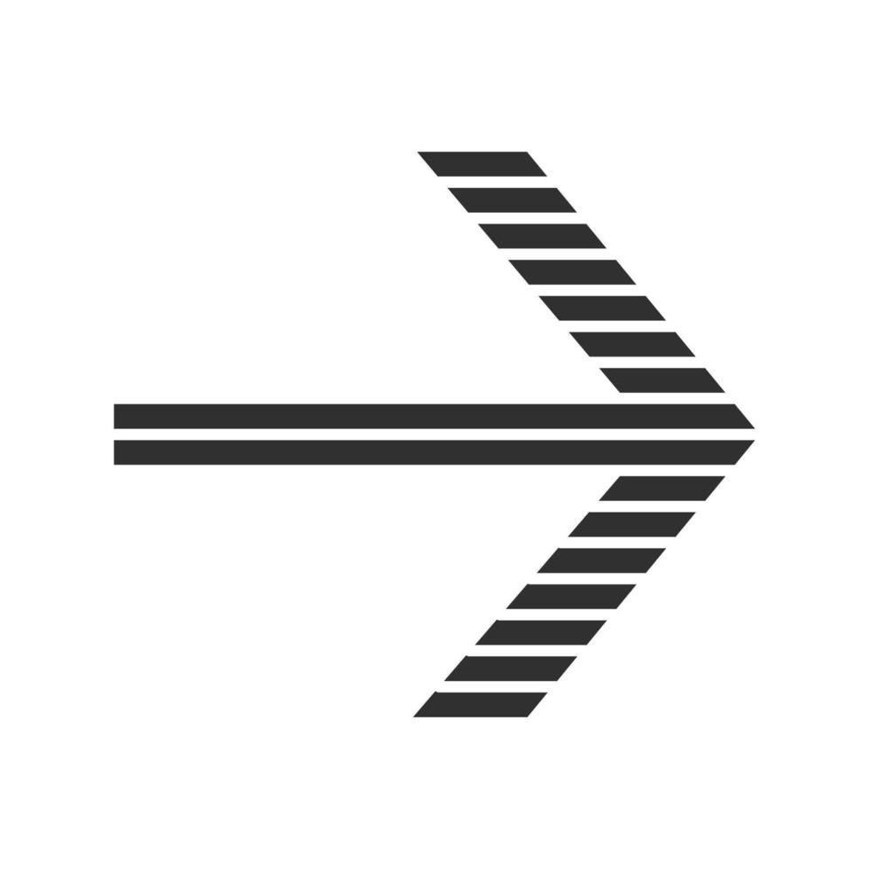 Striped arrow glyph icon. Forward indicator, right turn. Pointer sign. Next, forward. Navigation cursor. Arrowhead indicating rightward. Silhouette symbol. Negative space. Vector isolated illustration