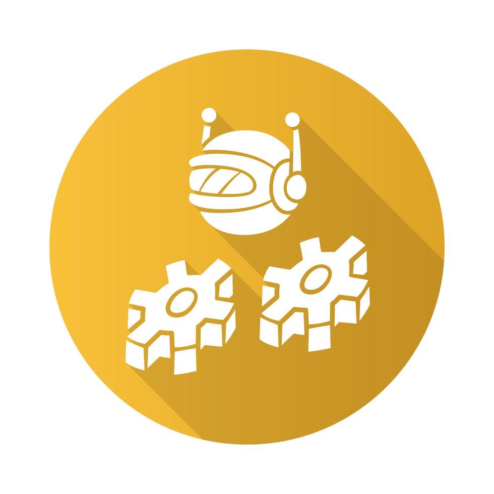 Work bot flat design long shadow glyph icon. Software application. Optimizer robot with cogwheels. Cyborgs, AI. Artificial intelligence. Innovation machine learning. Vector silhouette illustration