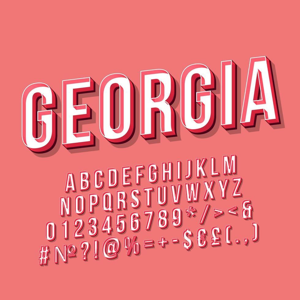 Georgia vintage 3d vector lettering. Retro bold font, typeface. Pop art stylized text. Old school style letters. 90s, 80s poster, banner, t shirt typography design. Punch color background