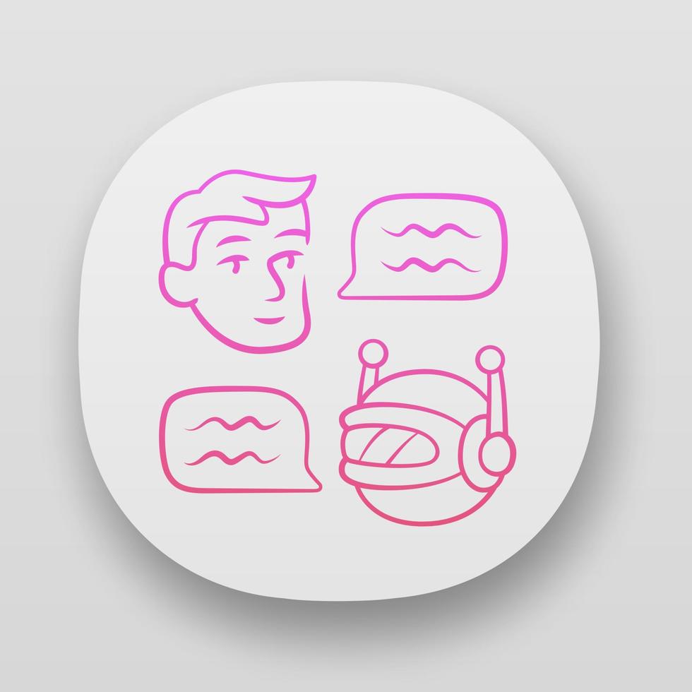 Chatbot app icon. Online customer support bot. Help service. Man chatting with bot application. Artificial intelligence. UI UX user interface. Web or mobile applications. Vector isolated illustrations