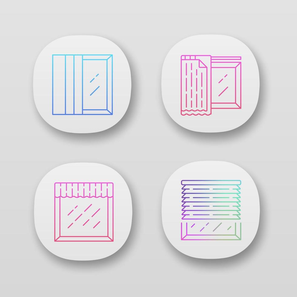 Window treatments app icons set. Panel tracks, liner, valance. House and office decoration. Living room curtain. UI UX user interface. Web or mobile applications. Vector isolated illustrations