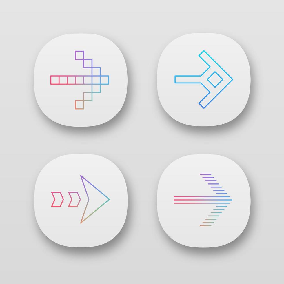 Arrow types app icons set. Pixel, shaped, dashed, striped next, forward arrow. Arrowhead showing right direction. UI UX user interface. Web or mobile applications. Vector isolated illustrations