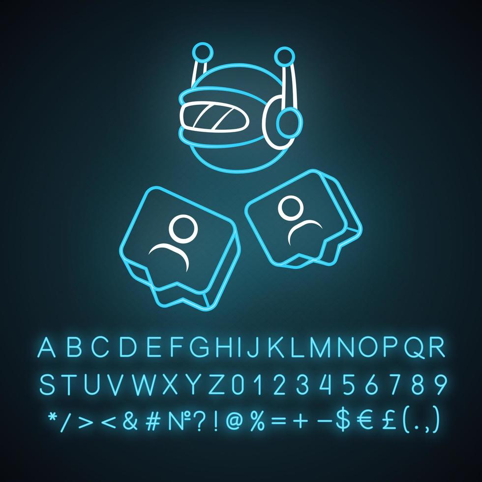 Social bot neon light icon. Socialbot, chatbot. SMM automation tool. Network communication. Online help service. Glowing sign with alphabet, numbers and symbols. Vector isolated illustration